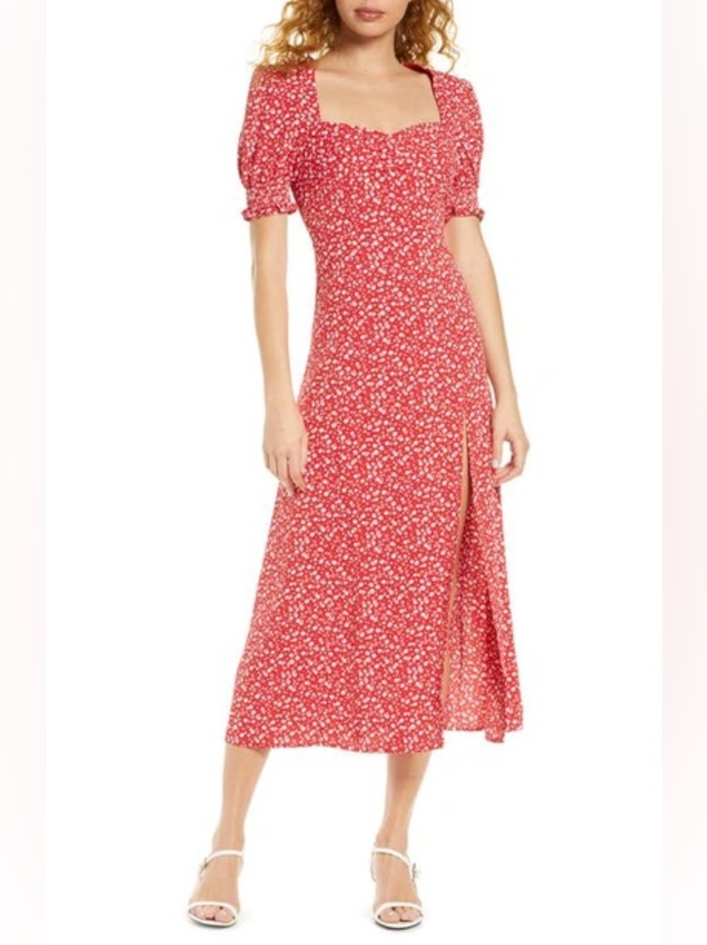 Bardot Red Floral Square Neck and Side Slit gia midi dress